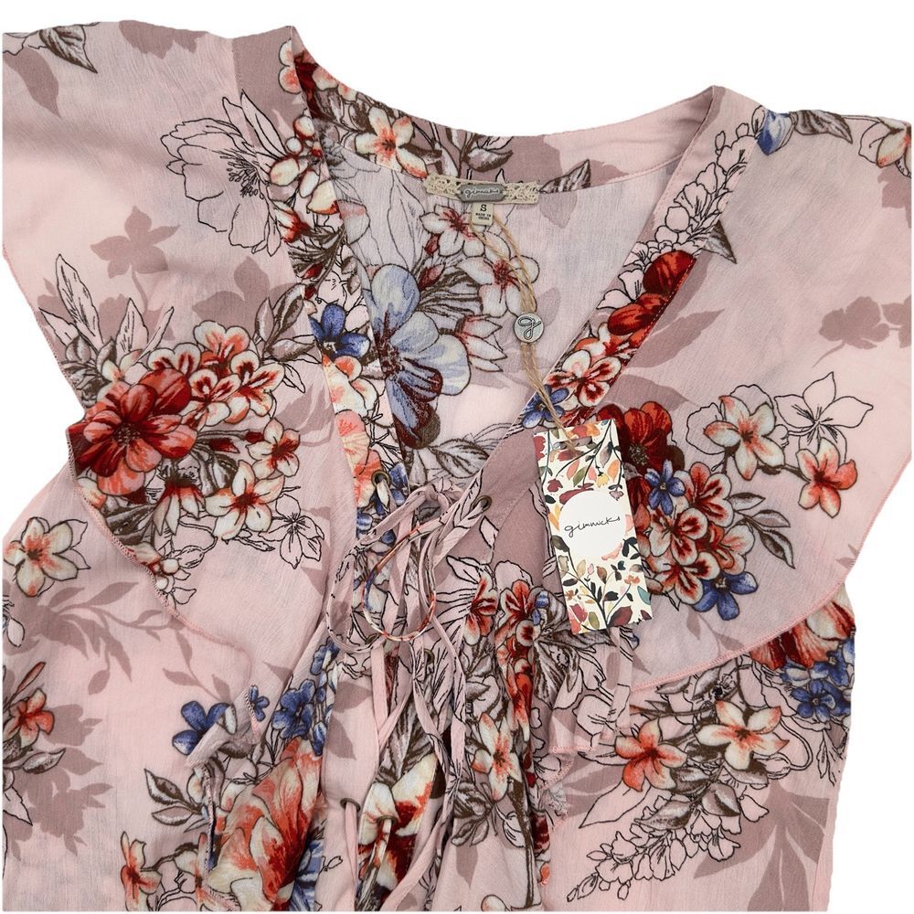 Gimmicks‎ Buckle Floral Print Ruffle Lace Up Front Top Women's Small Pink NEW